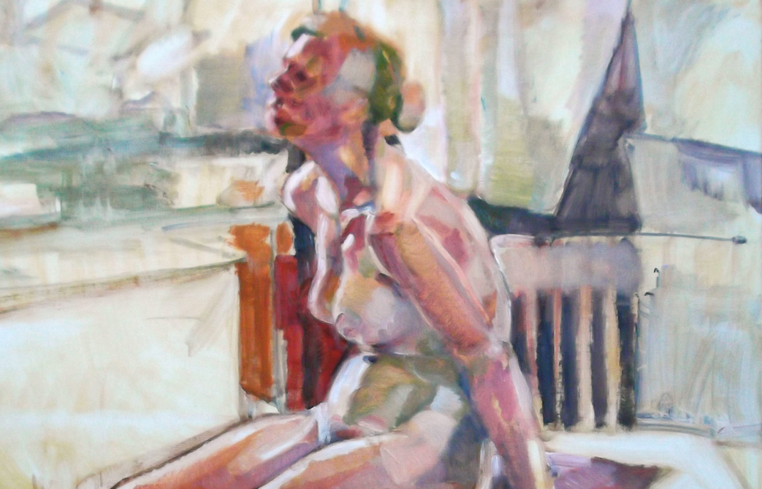 'Jess, 2014' - oil on board by Denise Durkin, 'Progress - an examination of the painting process, life painting, figure painting, female nude, New Zealand fine arts, Gilberd Marriott Gallery