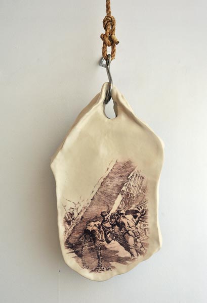 Phillipa Durkin, from Ceramics & works on paper, 2011 - Blanket Pieces - Glazed stoneware, decals, rope, stainless steel.