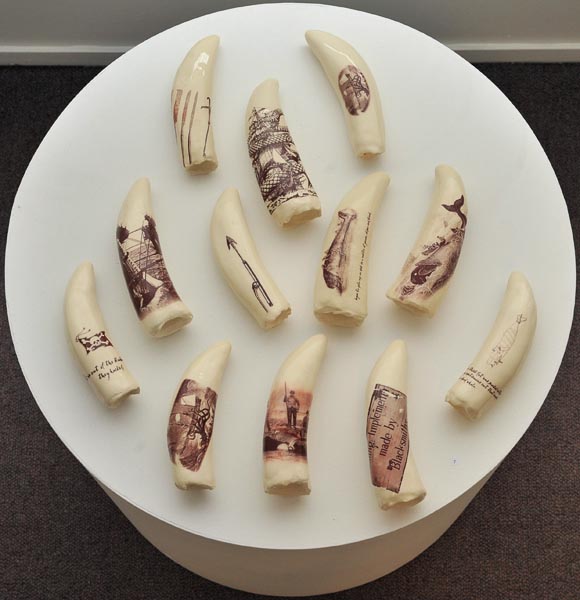 Phillipa Durkin, Whales' teeth, from Ceramics & works on paper - installation photo, scrimshaw, ceramics with decals