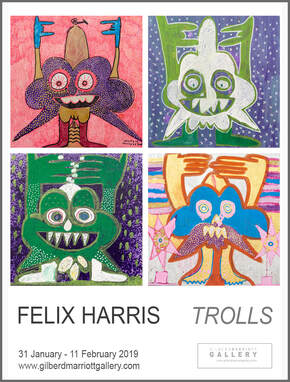 'Trolls' poster - paintings by Felix Harris at Gilberd Marriott Gallery, 31-1-2019 to 11-2-2019, contemporary New Zealand art gallery in Wellington