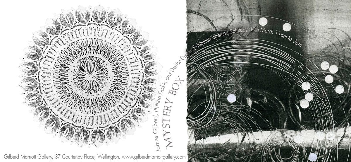 Mystery Box - exhibition by Denise Durkin (monoprints) Phillipa Durkin (open studio) James Gilberd (photograms and colour photographs, contempory art  in New Zealand, Wellington art galleryphs 30th March 2019 